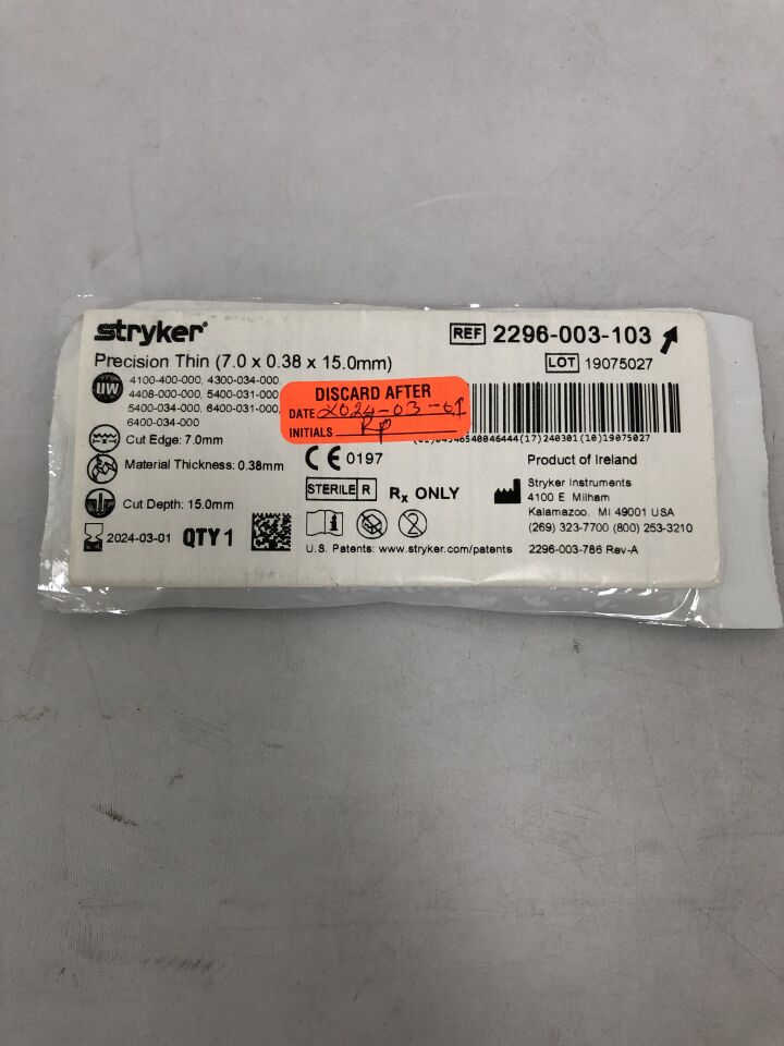 2296-003-103 - STRYKER - Precision Thin Blade, 7.0 X 0.38 X 15.0mm, () - ( Expiry Date: 2024-03-01 )