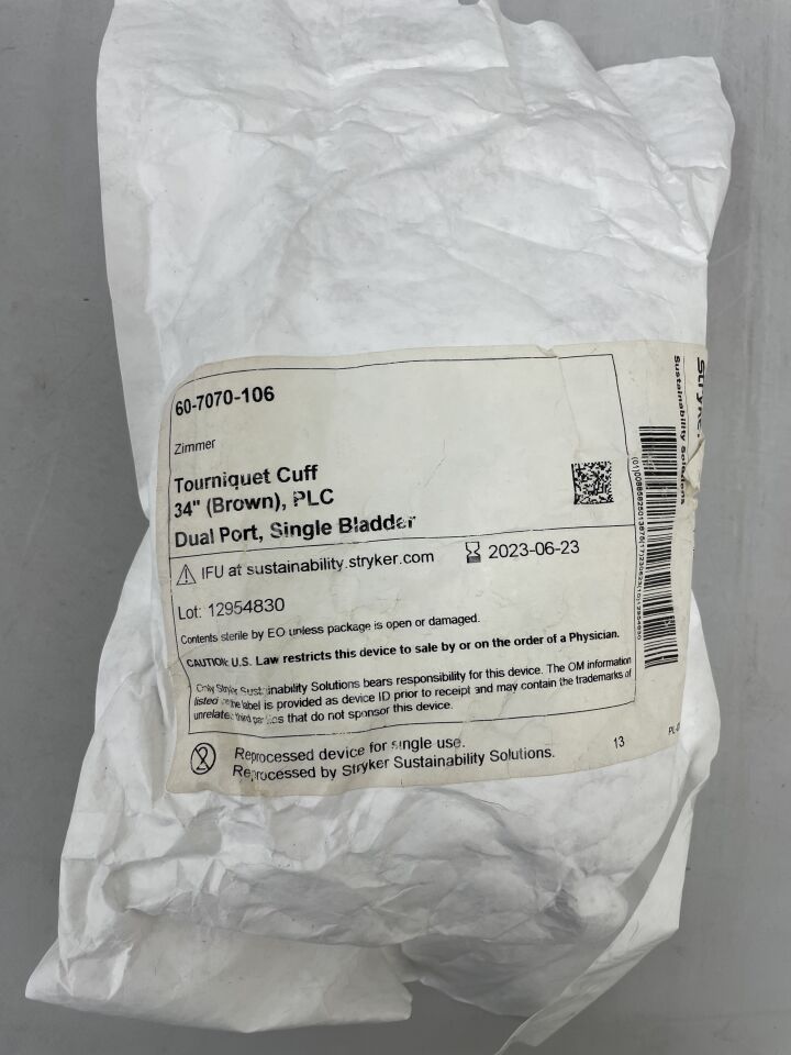 60-7070-106REP - STRYKER - ZIMMER Tourniquet Cuff, 34in Dual Port, Single Bladde, (EA) - ( Expiry Date: 2023-06-23 )