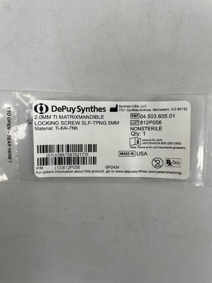 04.503.605.01 - SYNTHES - 2.0mm ti matrixmandible locking screw slf-tpng 5mm, (EA) - ( Expiry Date: 2099-12-31 )