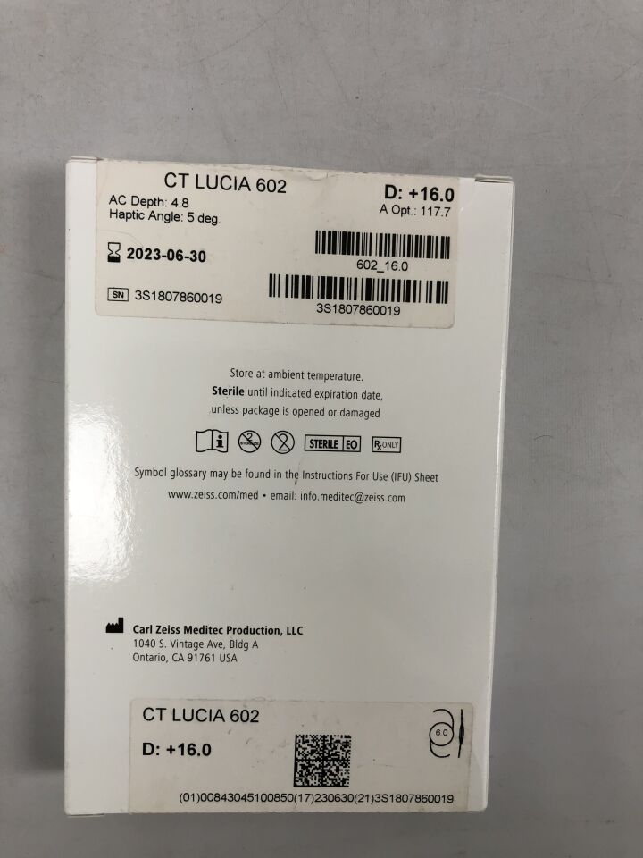 003500-0050-664 - ZEISS - CT LUCIA 602 Intraoccular Lens, +16.0D, A Opt 117.7, 4.8 AC Depth, 5 degree Haptic Angle, (BX/1) - ( Expiry Date: 2023-06-30 )