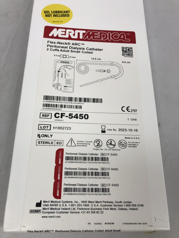 CF-5450 - MERIT MEDICAL - Flex-Neck ARC Peritoneal dialysis catheter, 2 cuffs adult small coiled, (BX/1) - ( Expiry Date: 2023-10-16 )