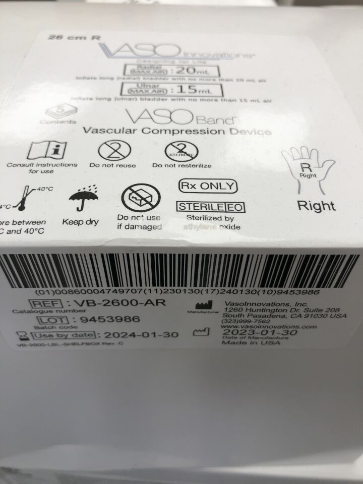 VB-2600-AR - VASOINNOVATIONS - VasoBand Vascular Compression Device, Dual Bladder, Regular 26cm, Right handedness, (BX/5) - ( Expiry Date: 2024-01-30 )