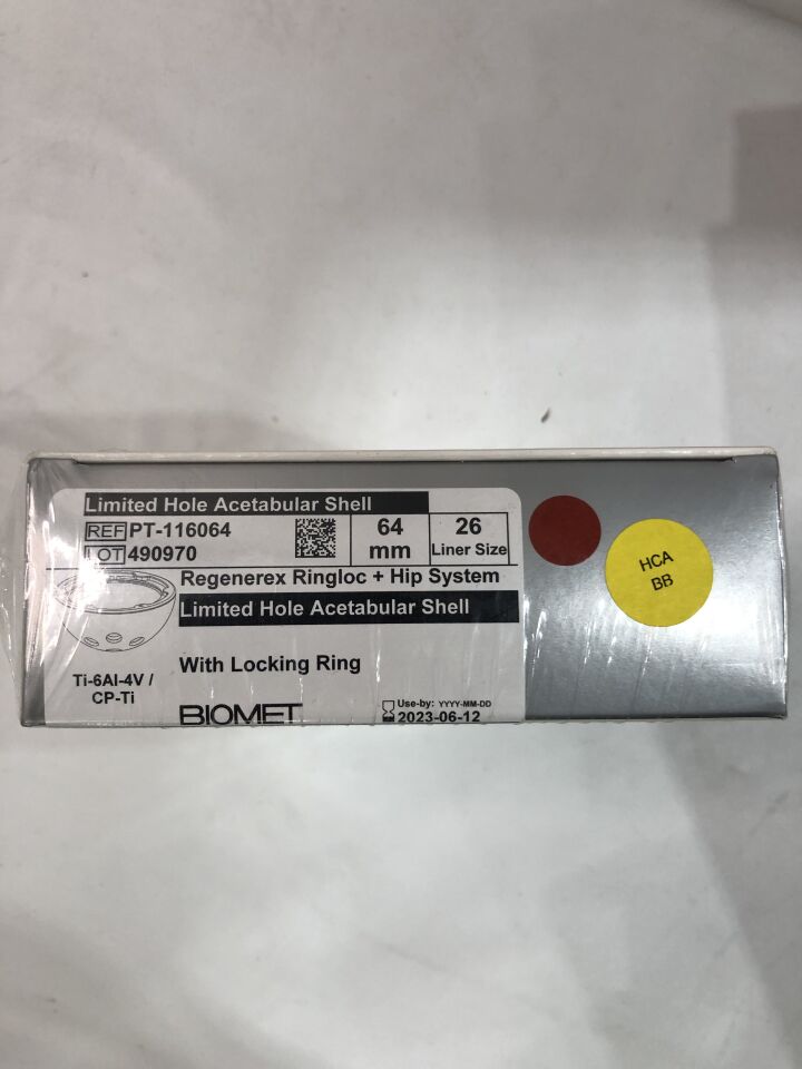 PT-116064 - BIOMET - REGENEREX RINGLOC + HIP SYSTEM, Limited Hole Acetabular Shell, with locking ring, 64mm, 26 linear size, (BX/1) - ( Expiry Date: 2023-06-12 )