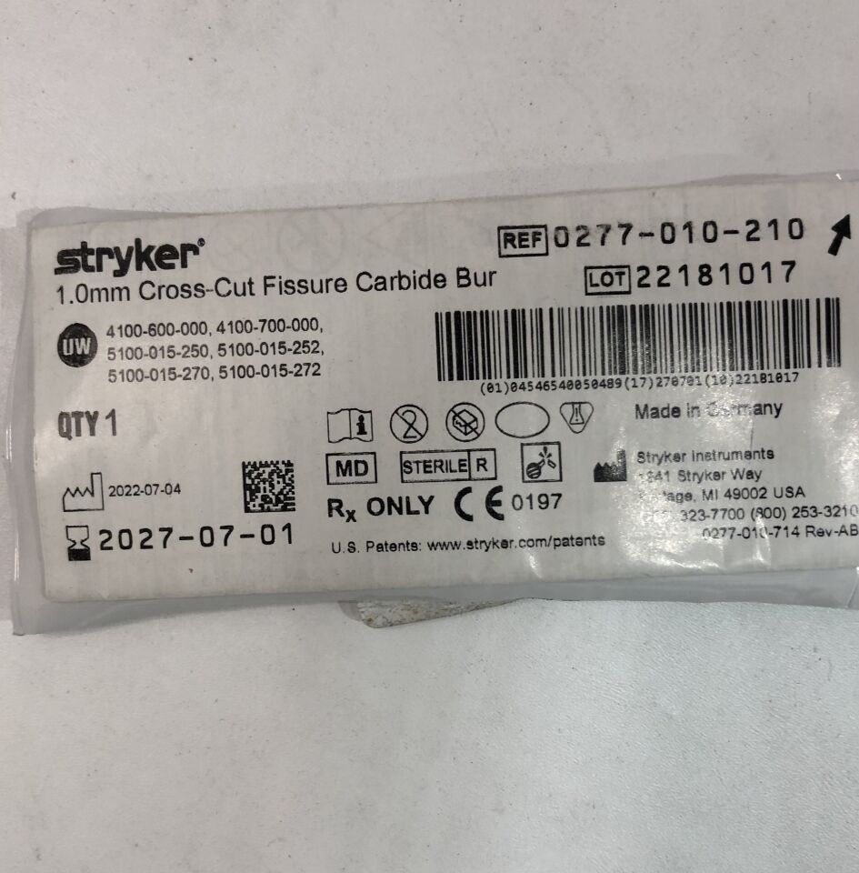 0277-010-210 - STRYKER - Fresa de carburo de fisura de corte transversal de 1,0 mm (unidades) - (Fecha de caducidad: 01/07/2027)