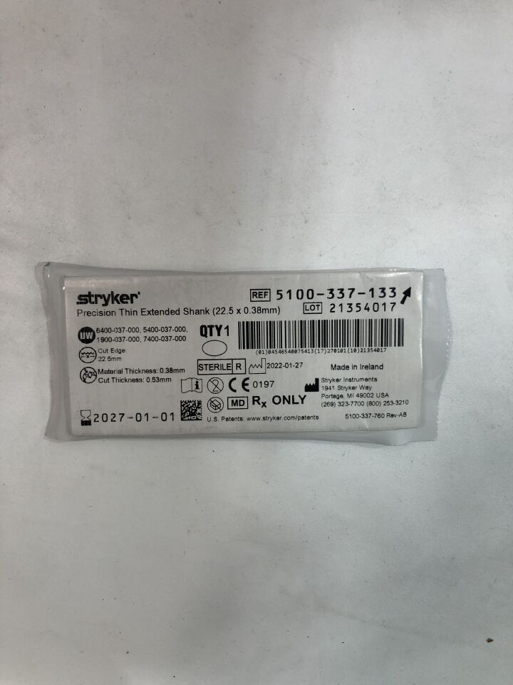 5100-337-133 - STRYKER - Precision Thin Extended Shank Blade, 22.5 x 0.38mm , ( EA ) - ( Expiry Date : 2027-01-01 )