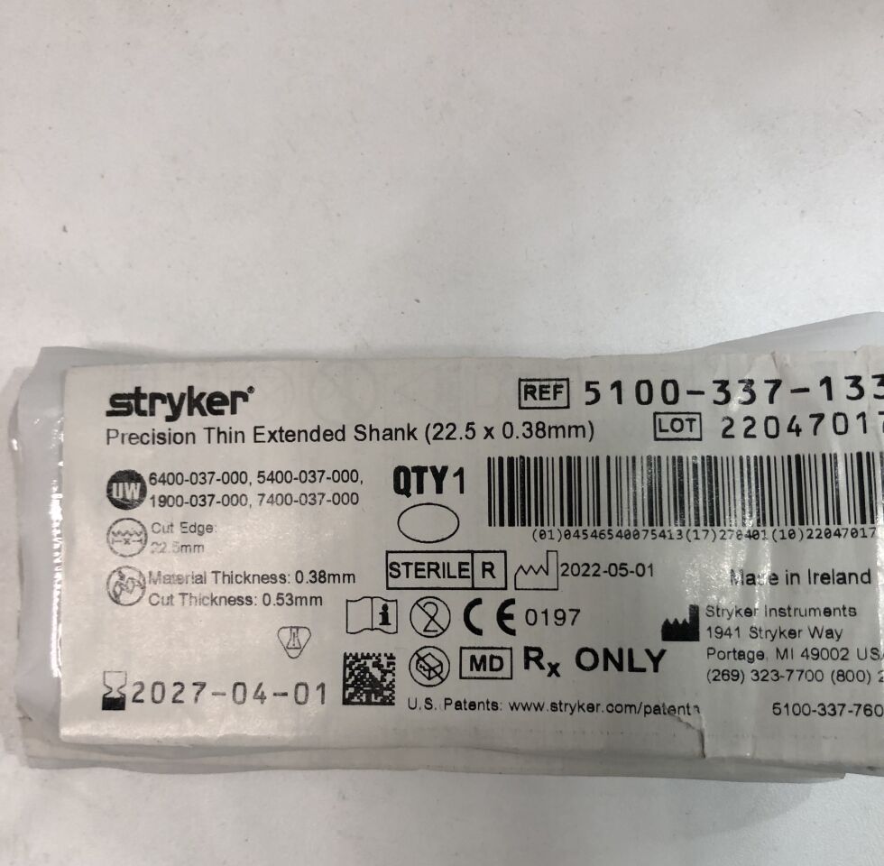 5100-337-133 - STRYKER - Precision Thin Extended Shank Blade, 22.5 x 0.38mm , ( EA ) - ( Expiry Date : 2027-04-01 )