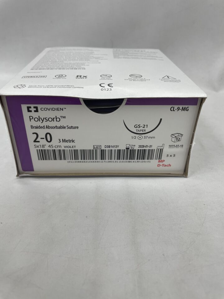 CL-9-MG - COVIDIEN - 2-0 美敦力聚吸附紫色 5 x 18" gs-21 錐形縫合線(每包 5 根縫合線:d-tach),(BX/12)-(有效期限:2028-01-31)