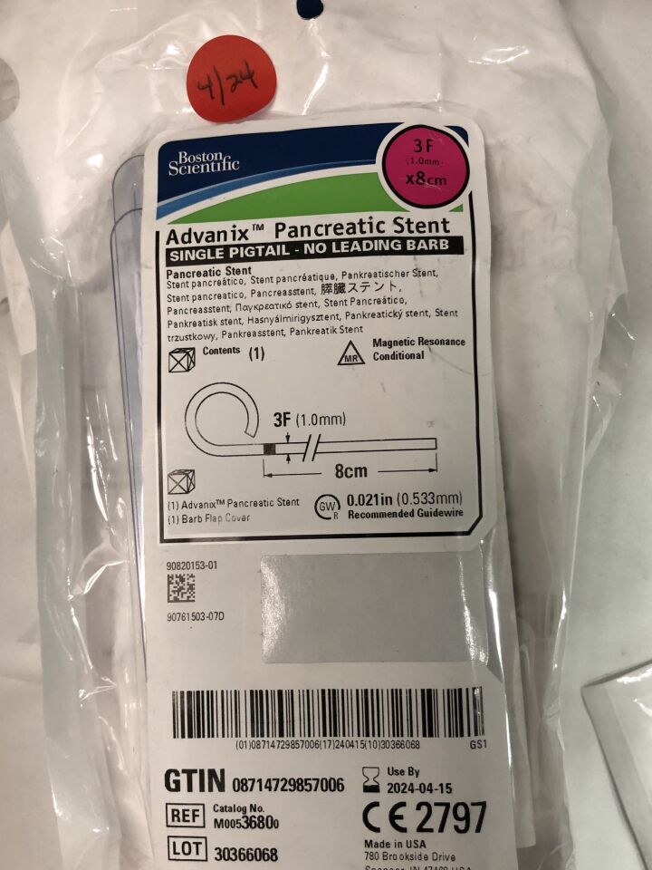 3680 - BOSTON SCIENTIFIC - Advanix Pancreatic Stent, Single Pigtail - No Leading Barb, 3F x 8cm, () - ( Expiry Date: 2024-04-15 )