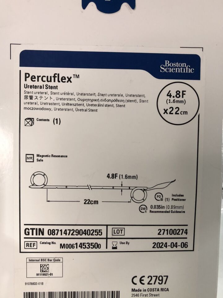 145350 - BOSTON SCIENTIFIC - Percuflex Ureteral Stent, 4.8F x 22cm, (BX/1) - ( Expiry Date: 2024-04-06 )