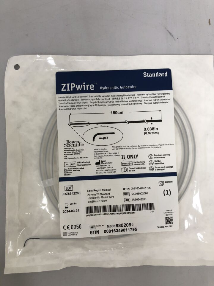 680209 - BOSTON SCIENTIFIC - ZipWire Hydrophilic Guidewire, 0.038" x 150cm, Angled, Standard, () - ( Expiry Date: 2024-03-31 )