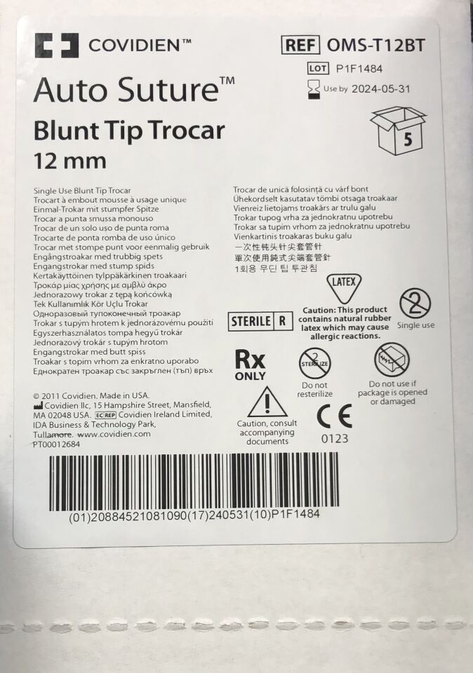 OMS-T12BT - COVIDIEN - Blunt Tip Trocar with Built-in Converters, 10 mm Size, () - ( Expiry Date: 2024-05-31 )