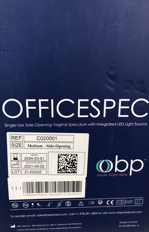 C020001 - OBP MEDICAL - Officespec Side-Opening Vaginal Speculum with Integrated LED Light Source, Medium, (BX/24) - ( Expiry Date: 2024-03-01 )