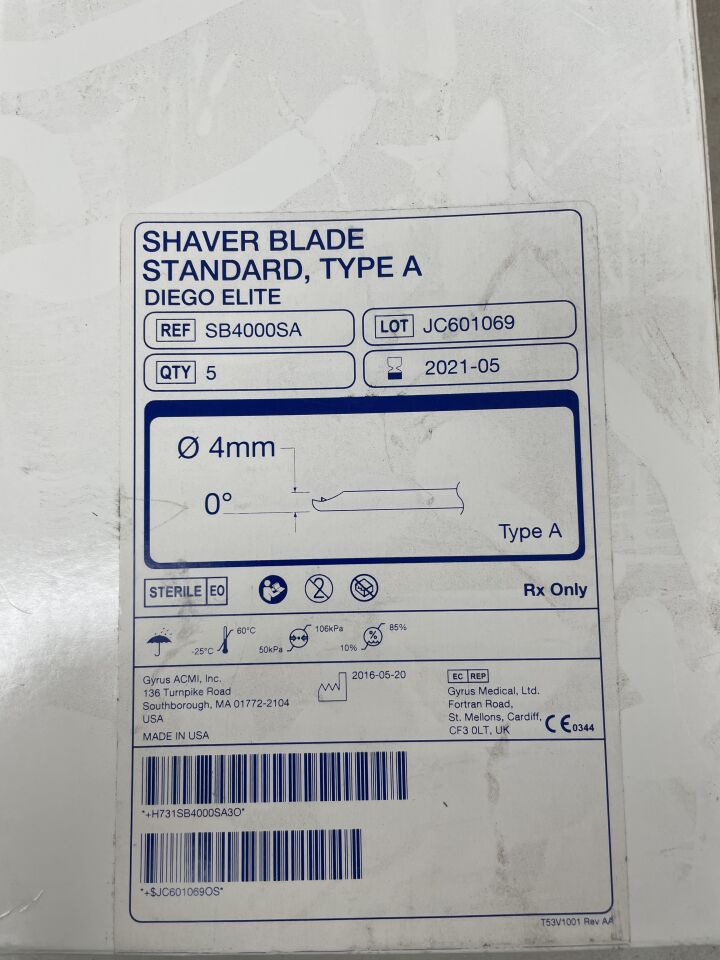 SB4000SA - OLYMPUS - Shaver Blade, 4 mm dia., Standard, Straight Shape, Sterile, Single-Use, Type A Blades, (BX/5) - ( Expiry Date: 2021-05-26 )