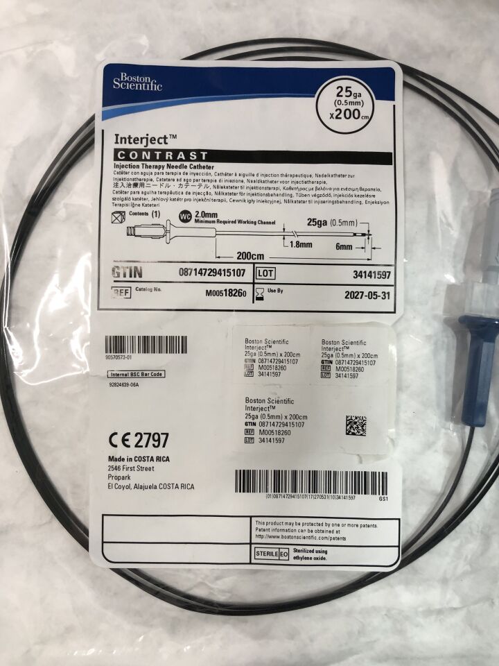 Interject CONTRAST injection therapy needle catheter 25ga 0.5mm x 200cm in sterile medical packaging