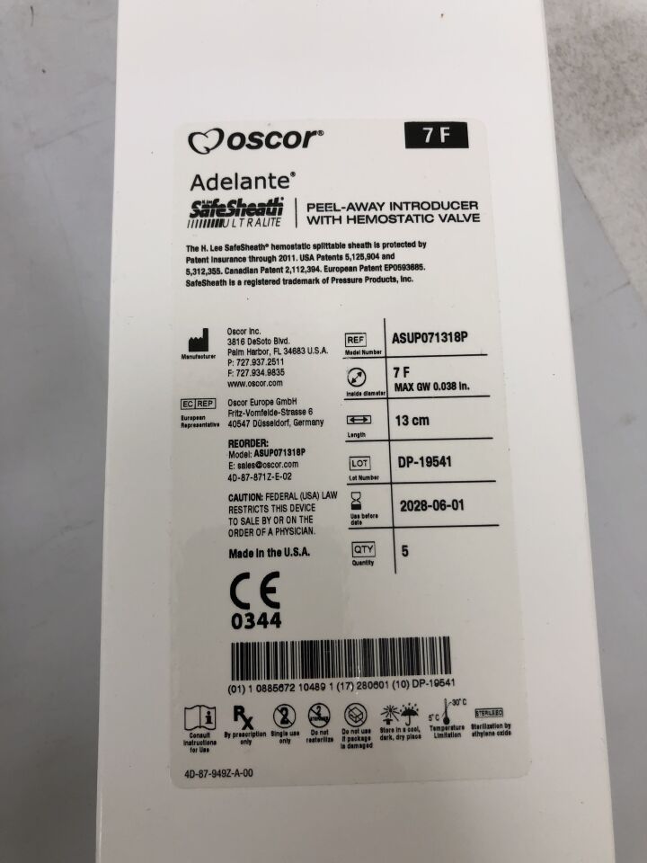 ASUP071318P - OSCOR - Adelante SafeSheath Ultralite 剝離式導入器,帶止血閥,7F,(BX/5)-(有效期:2028-06-01)