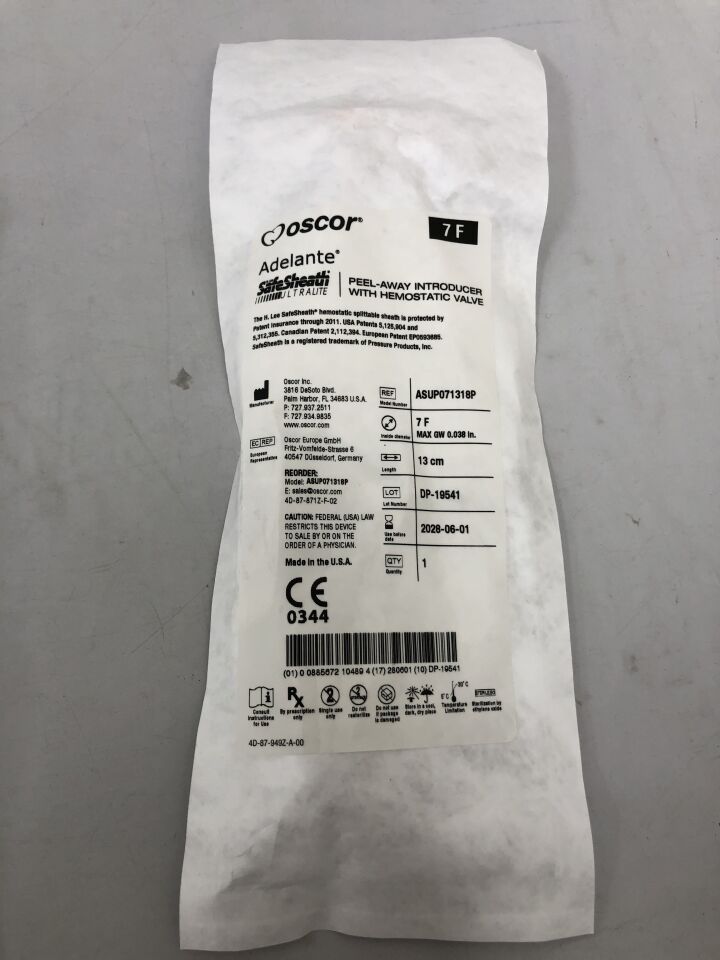 ASUP071318P - OSCOR - Adelante SafeSheath Ultralite 剝離式導入器,帶止血閥,7F,(EA)-(有效期至:2028-06-01)