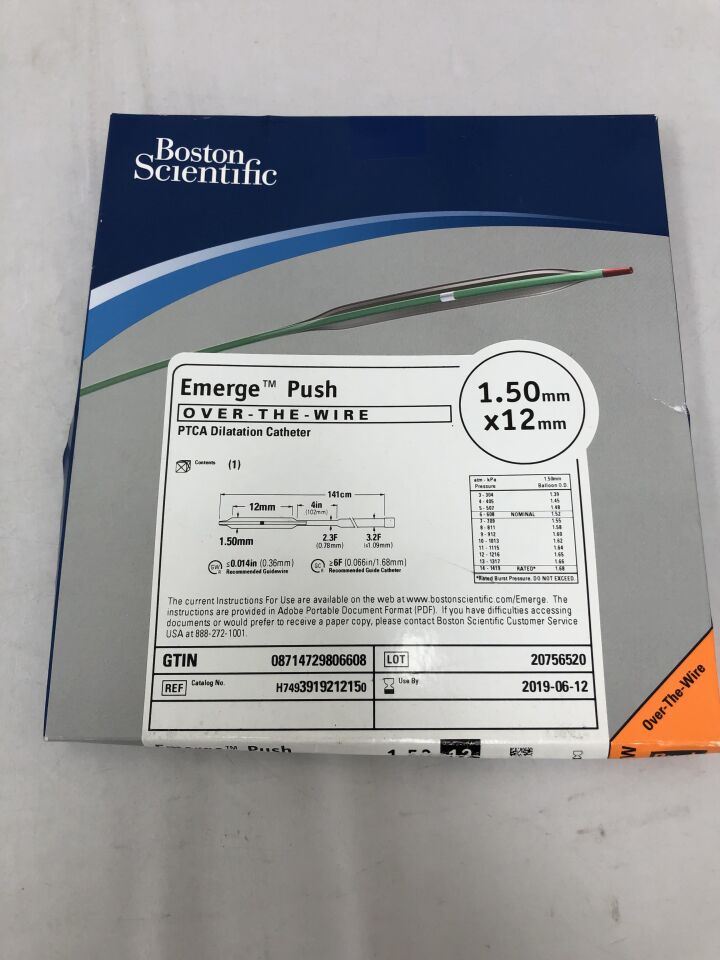 391921215 - BOSTON SCIENTIFIC - Emerge Push Monorail PTCA Dilatation Catheter, 1.5mm X 12mm, (BX/1) - ( Expiry Date: 2019-06-12 )