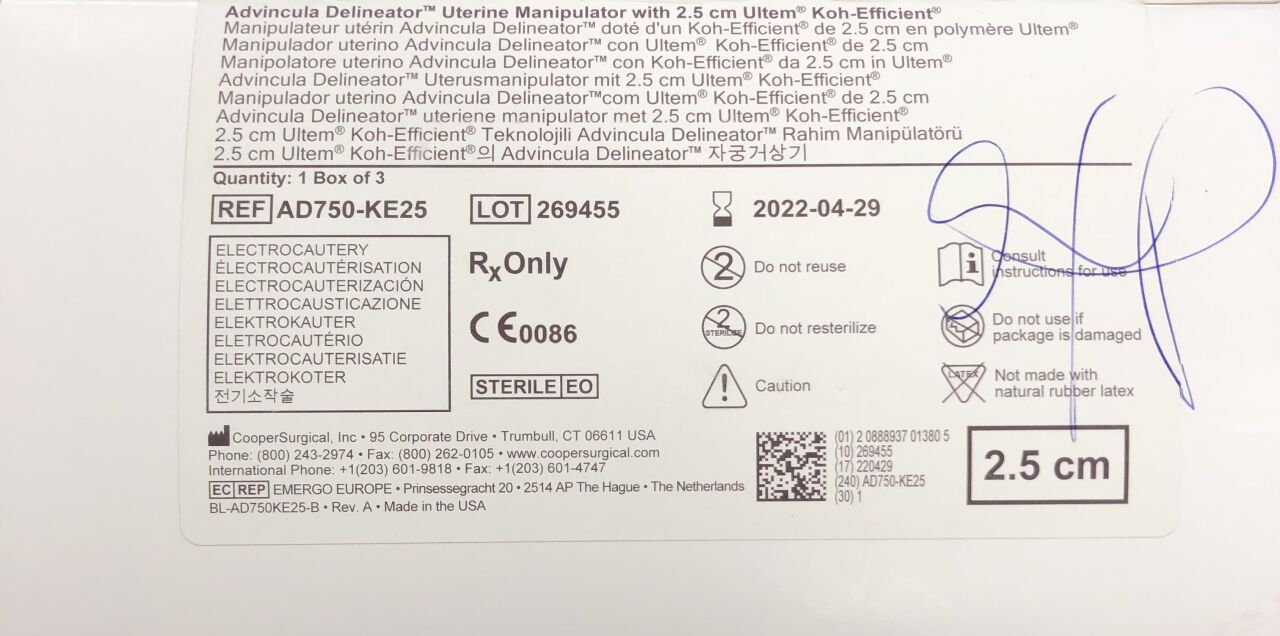 AD750-KE25 - COOPER SURGICAL - Advincula Dileneator Uterine Manipulator with 2.5cm Ultem Koh-Efficient, (BX/3) - ( Expiry Date: 2022-04-29 )
