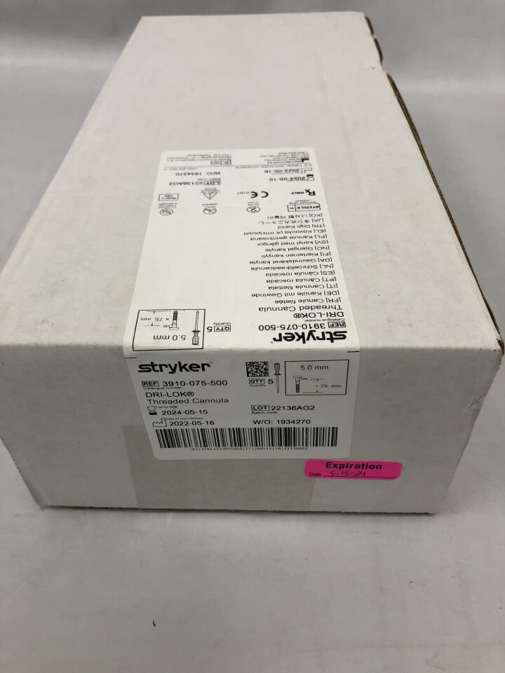 3910-075-500 - STRYKER - Dri-Lok Threaded Cannula, 5mm diameter X 75 mm Length, Standard, (BX/5) - ( Expiry Date: 2024-05-15 )