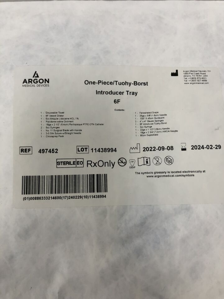 497452 - ARGON - One-Piece/Tuohy-Borst Introducer Tray, 6F, (EA) - ( Expiry Date: 2024-02-29 )