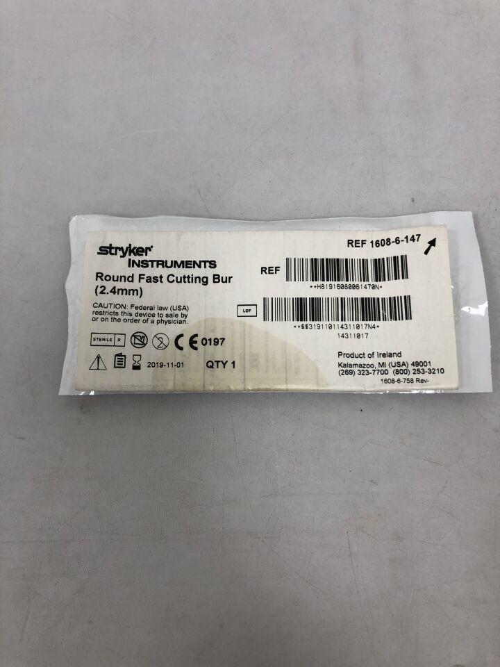 1608-6-147 - STRYKER - Round Fast Cutting Bur, 2.4mm, (EA) - ( Expiry Date: 2019-11-01 )