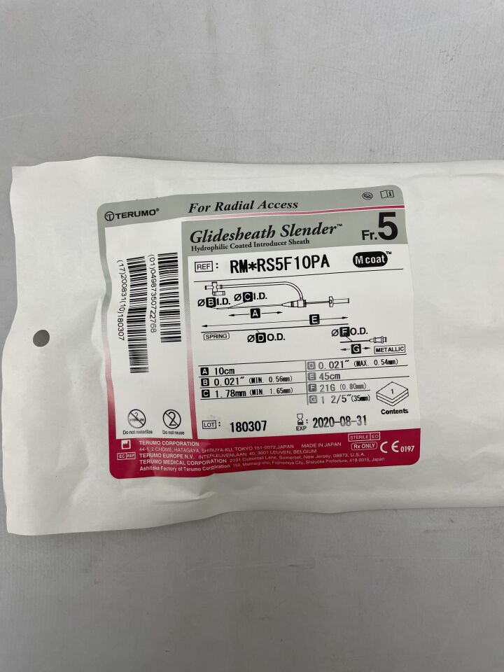 RM*RS5F10PA - TERUMO - Glidesheath Slender, Hydrophilic Coated Introducer Sheath, 5Fr, () - ( Expiry Date: 2020-08-31 )
