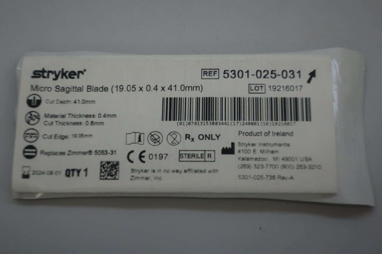 5301-025-031 - STRYKER - Micro Sagittal Blade, 0.4 mm Thickness, 19.5 mm Cut Edge, (EA) - ( Expiry Date: 2024-08-01 )