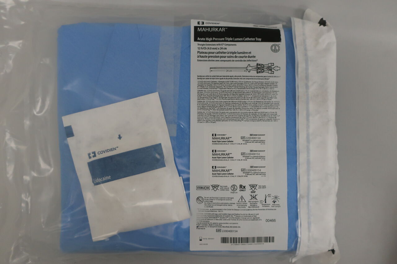 8888102004HP - COVIDIEN - MAHURKAR; Acute High Pressure Triple Lumen Catheter Tray,Straight Extensions with IC* Components 12Fr/Ch(4.0mm) x 24cm, (EA) - ( Expiry Date: 2024-08-01 )