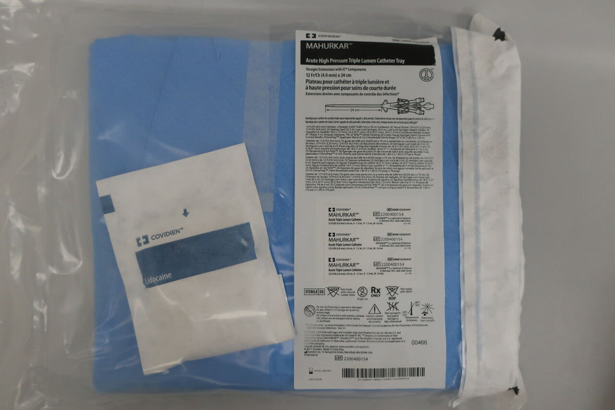 8888102004HP - COVIDIEN - MAHURKAR; Acute High Pressure Triple Lumen Catheter Tray,Straight Extensions with IC* Components 12Fr/Ch(4.0mm) x 24cm, (EA)