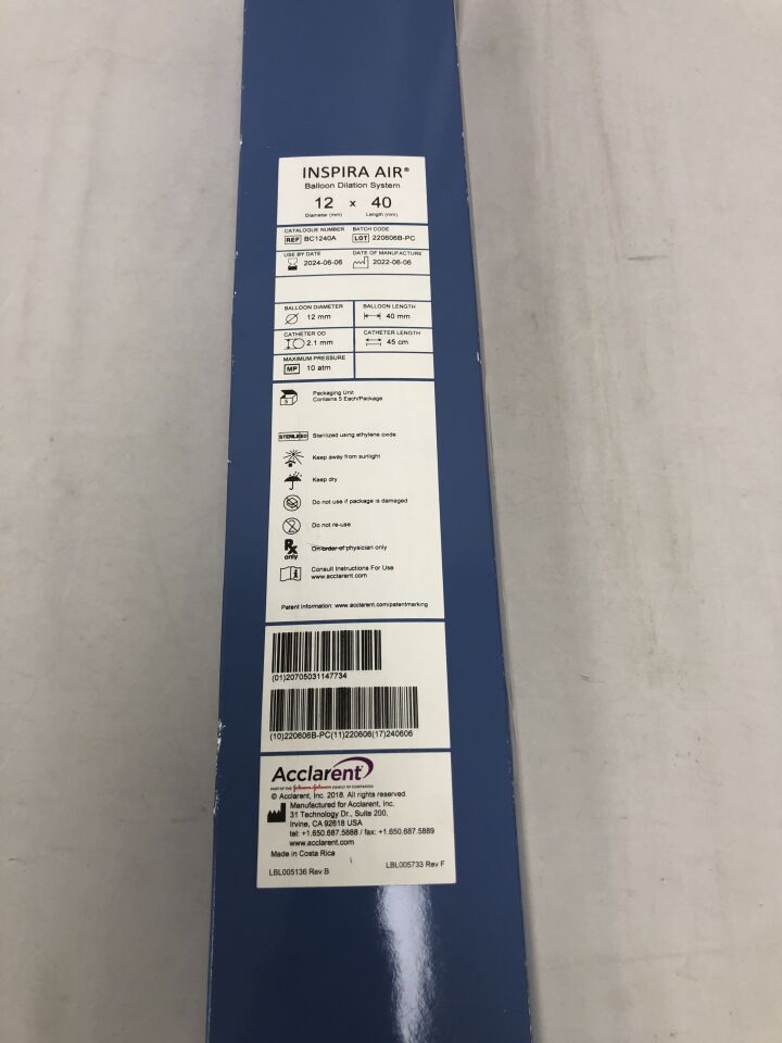 BC1240A - ACCLARENT - Inspira Air Balloon Dilation System, 12mm diameter X 40mm length, (BX/5) - ( Expiry Date: 2024-06-06 )