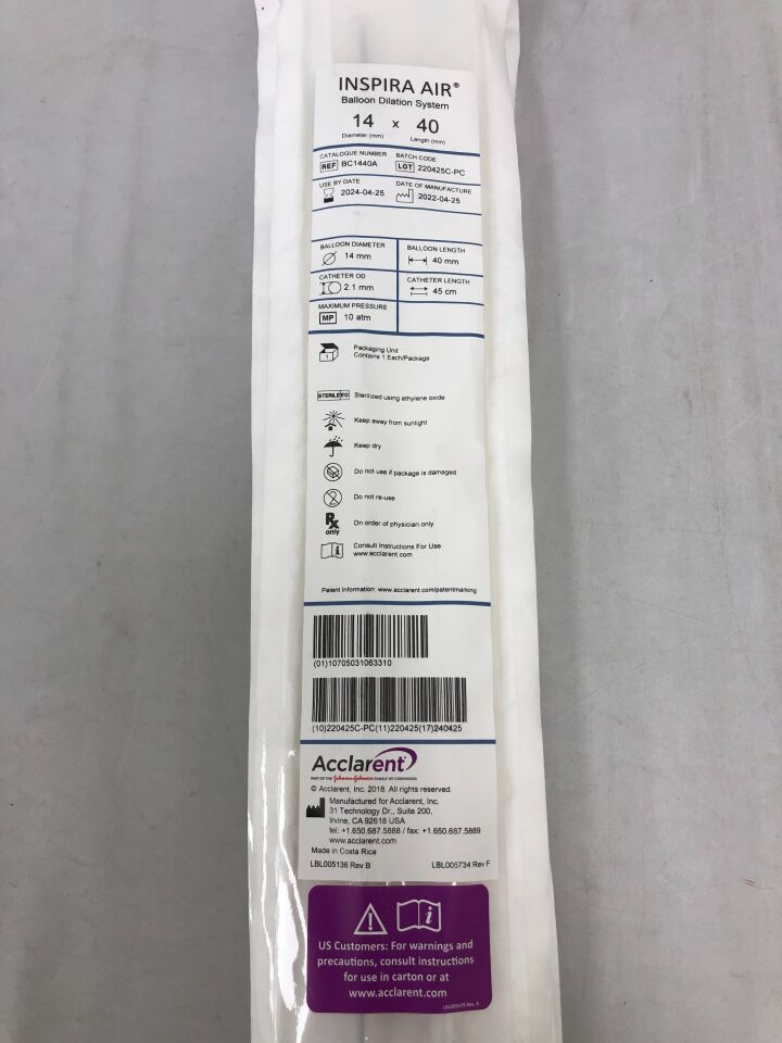 BC1440A - ACCLARENT - Inspira Air Balloon Dilation System, 14mm diameter X 40mm length, () - ( Expiry Date: )