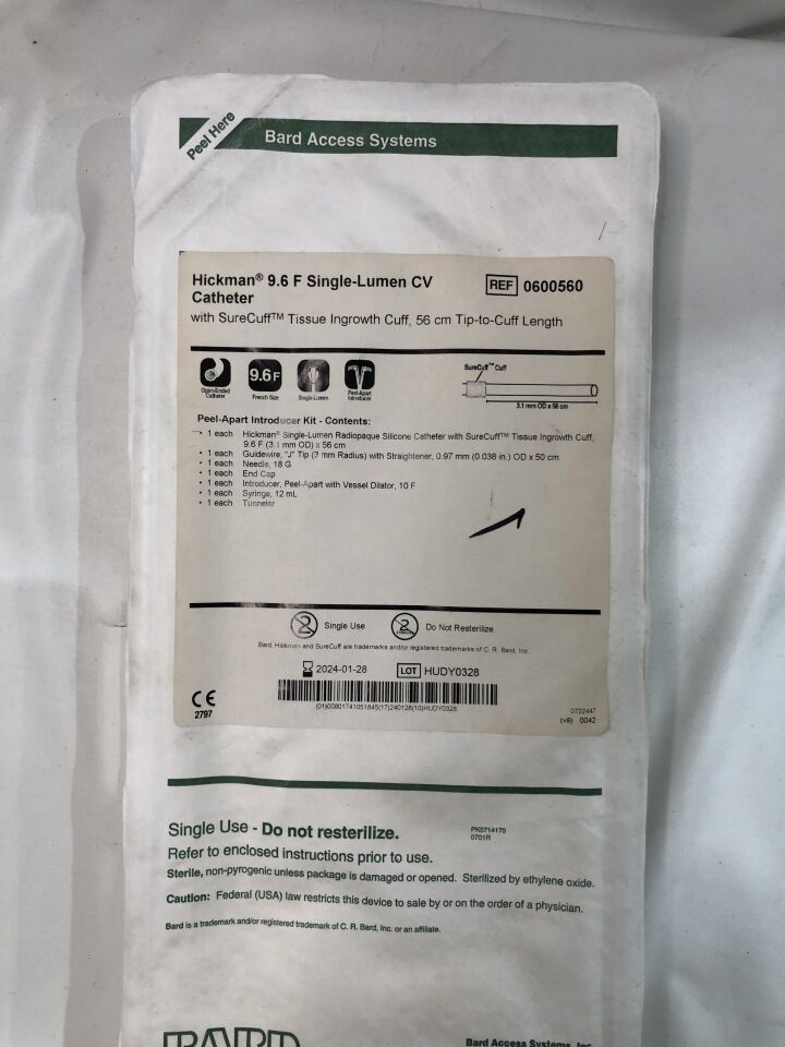 600560 - BARD - Hickman 9.6 Fr Single-Lumen CV Catheter, Peel-Apart Introducer Kit with SureCuff Tissue Ingrowth Cuff, (EA) - ( Expiry Date: 2024-01-28 )