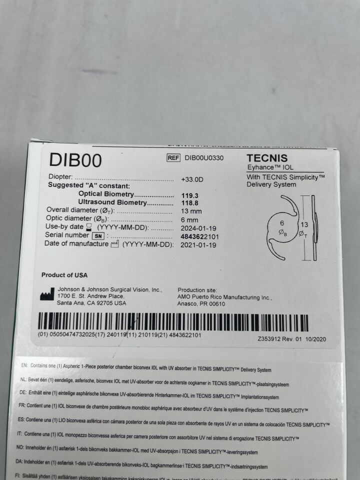 DIB00U0330 - JOHNSON & JOHNSON - Tecnis Eyhance Intraocular Lens with Tecnis Simplicity Delivery System, 33.0D, (BX/1) - ( Expiry Date: 2024-05-21 )