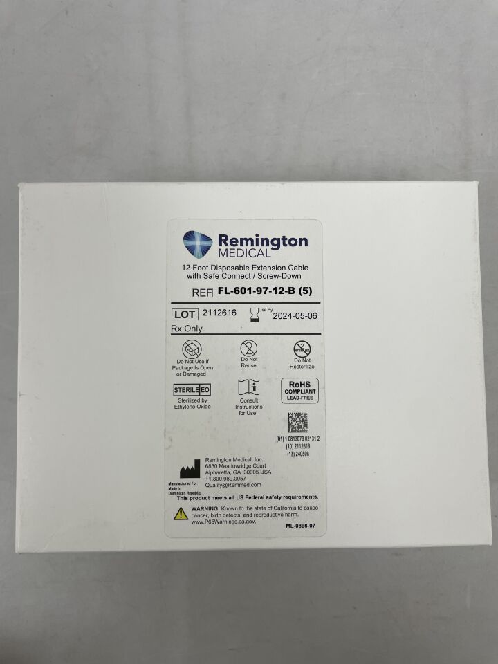 FL-601-97-12-B - REMINGTON MEDICAL - Medical 12' Extension Cable with Safe Connect / Screw-Down, (BX/5) - ( Expiry Date: 2024-05-06 )