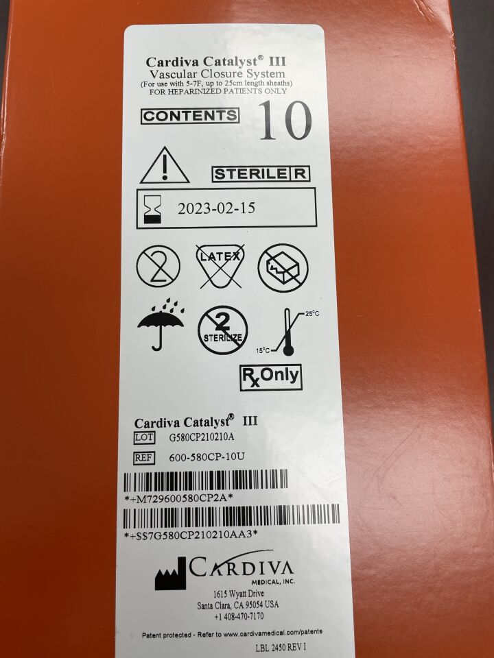 600-580CP-10U - CARDIVA - Catalyst III Vascular Closure System, (BX/10) - ( Expiry Date: 2023-02-15 )