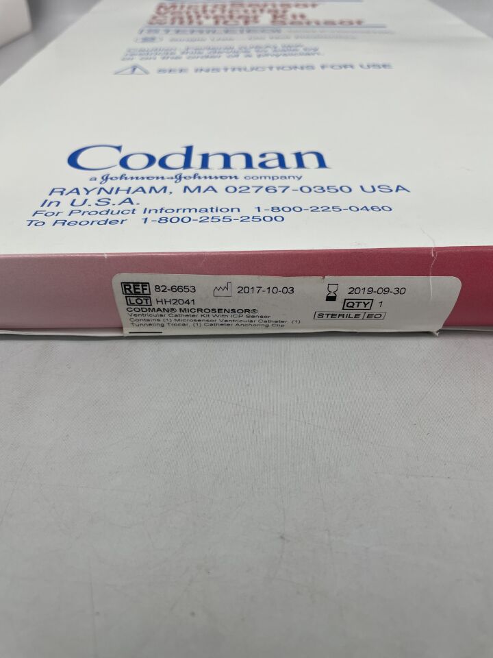 82-6653 - CODMAN - MICROSENSOR Ventricular Catheter Kit With ICP Sensor Contains (1) Microsensor Ventricular Catheter, (1) Tunneling Trocar, (1) Catheter Anchoring Clip, (BX/1) - ( Expiry Date: 2024-02-19 )