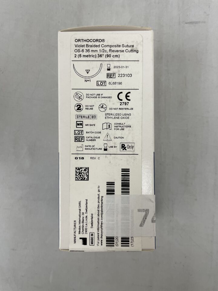 223103 - MEDOS - ORTHOCORD Violet Braided Composite Suture OS-6 36 mm 1/2c, Reverse Cutting, 91 cm, (BX/12) - ( Expiry Date: 2023-01-31 )