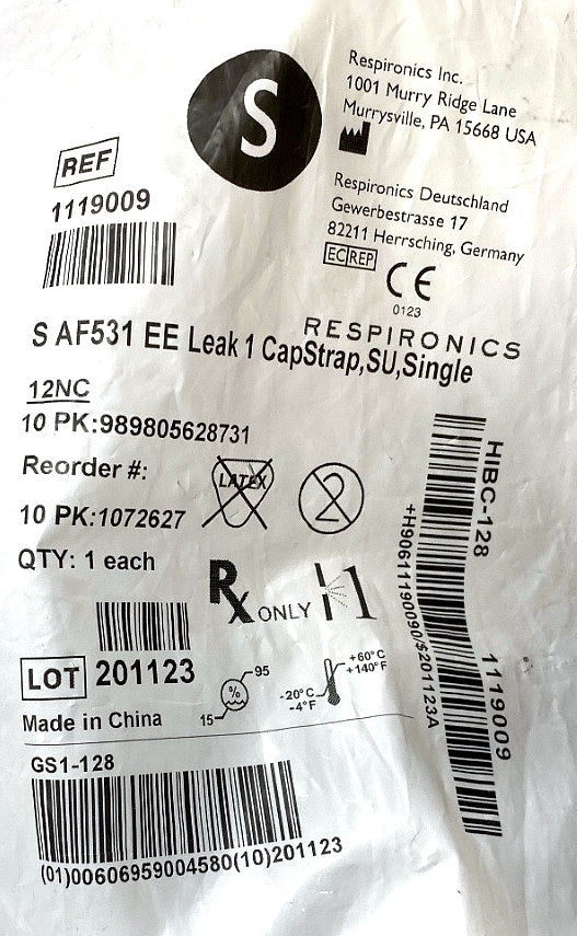 1119009 - RESPIRONICS - AF531 Mask Entrainment Elbow, LEAK 1, with CapStrap, Small, Single Use, (EA/1)