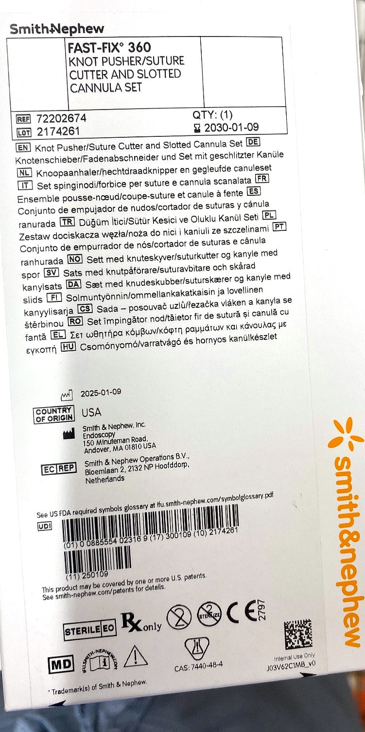 72202674 - SMITH & NEPHEW - FAST-FIX 360 STRAIGHT KNOT PUSHER/CUTTER AND SLOTTED CANNULA SETS, (BX/1)