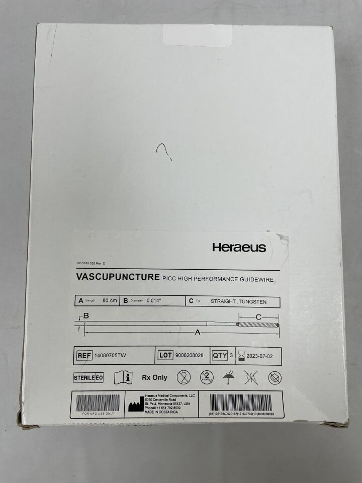 14080705TW - HERAEUS - Vascupuncture PICC High Performance Guidewire 0.014" x 80cm, Straight, Tungsten,, (BX/3) - ( Expiry Date: 2023-07-02 )