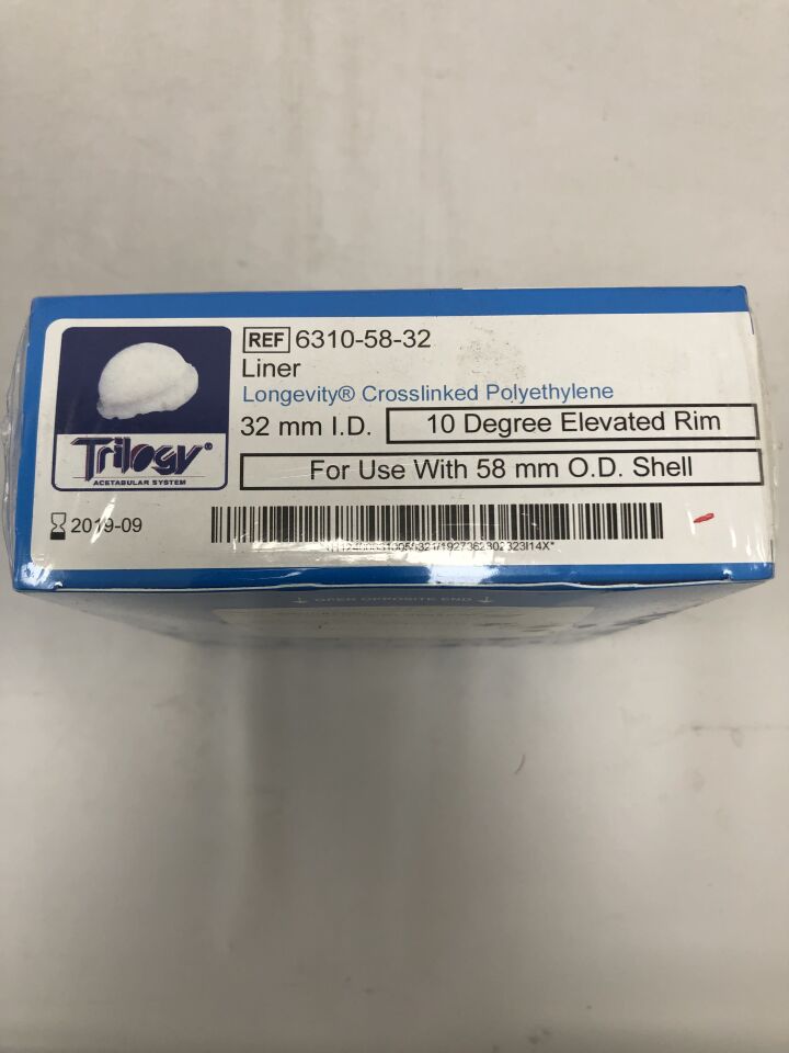 6310-58-32 - ZIMMER - Trilogy Acetabular System, 32mm inner diameter, 10 degree elevated rim, for use with 58mm OD shell, (BX/1) - ( Expiry Date: 2019-09-01 )