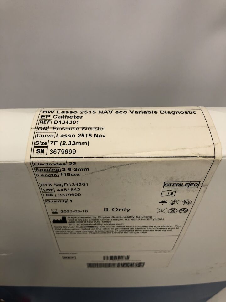 D134301 - STRYKER - Reprocessed Biosense Webster Lasso NAV eco Variable Diagnostic EP Catheter, 7F, (BX/1) - ( Expiry Date: 2023-03-18 )