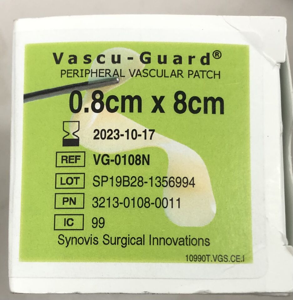 VG-0108N - SYNOVIS - Vascu-Guard Peripheral Vascular Patch with APEX Processing, 0.08cm x 8cm, (BX/1) - ( Expiry Date: 2023-10-17 )