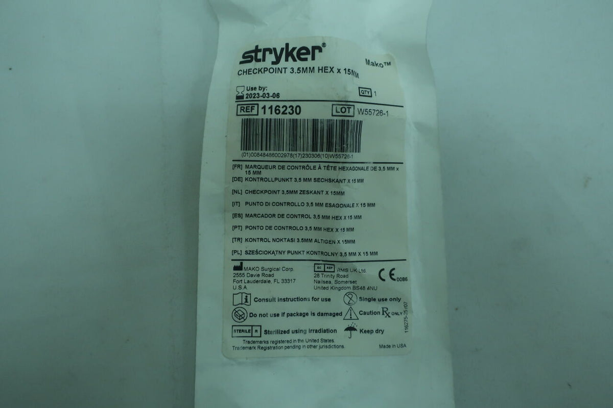 116230 - STRYKER - Mako Checkpoint 3.5mm Hex x 15mm, (EA)