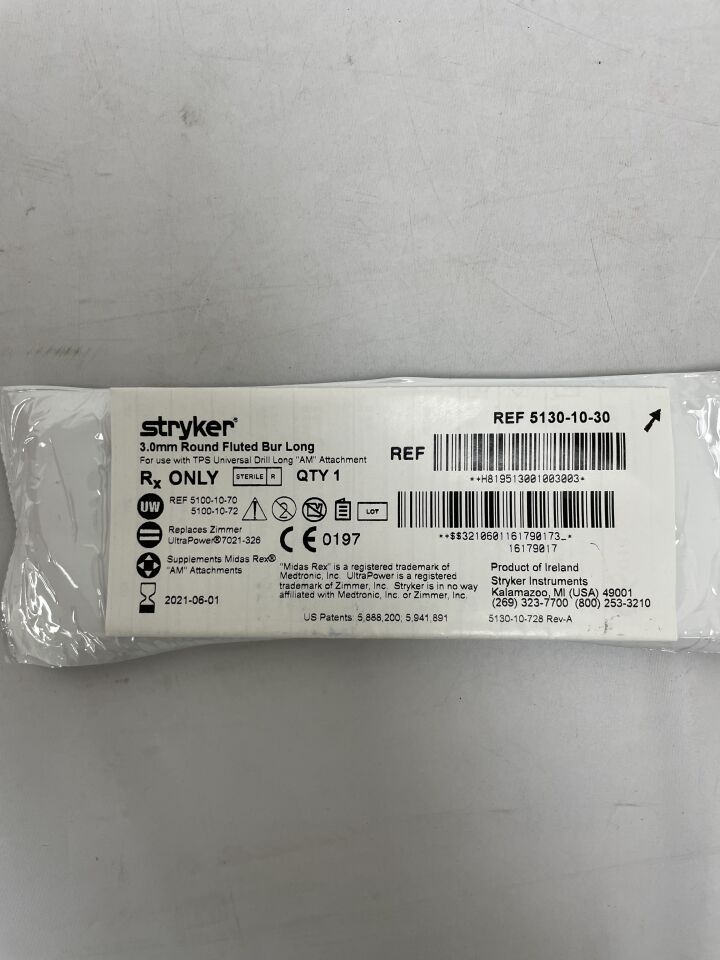 5130-10-30 - STRYKER - 3.0 mm round fluted bur long, (EA) - ( Expiry Date: 2021-06-01 )