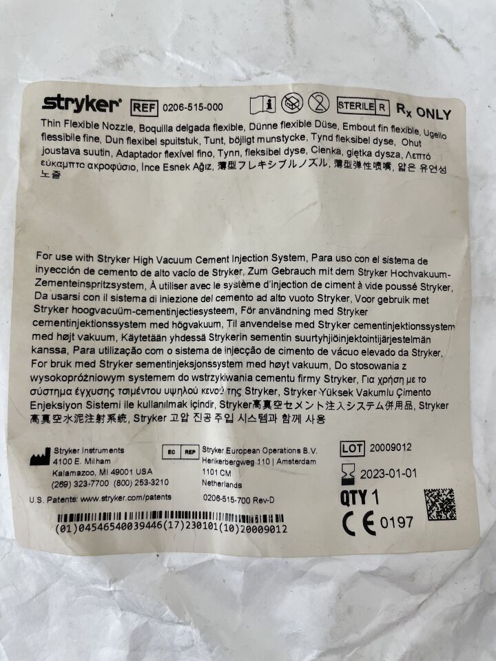 0206-515-000 - STRYKER - Thin Flexible Nozzle, for use with Stryker High Vacuum Cement Injection System, (EA) - ( Expiry Date: 2024-05-01 )