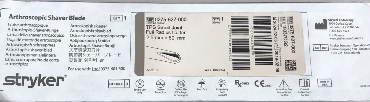 0275-627-000 - STRYKER - Small-Joint Full Radius Cutter, Arthroscopic Blade, 2.5mm x 80mm, (EA) - ( Expiry Date: 2024-02-05 )