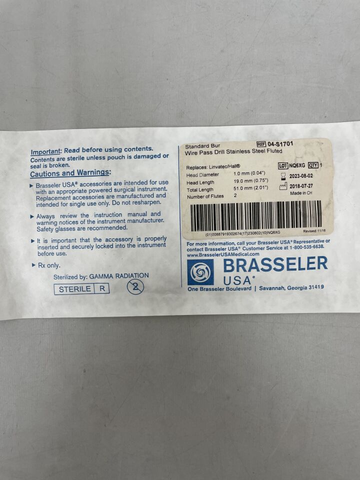 04-S1701 - BRASSELER - 1.0 x 19.0mm wire pass, (EA) - ( Expiry Date: 2023-08-02 )