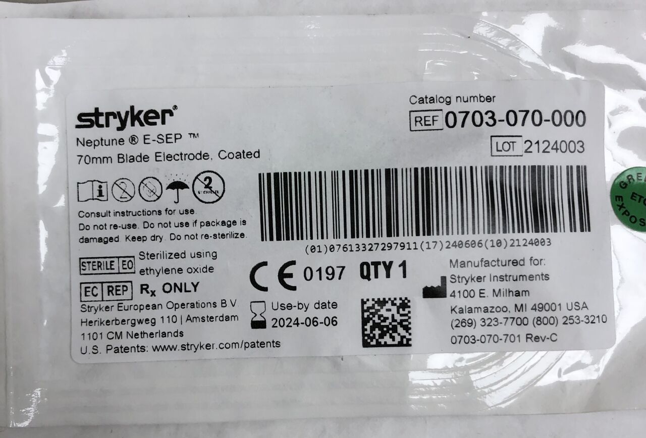 0703-070-000 - STRYKER - Neptune E-SEP Blade Electrode, Coated, 70mm, (EA) - ( Expiry Date: 2024-06-06 )