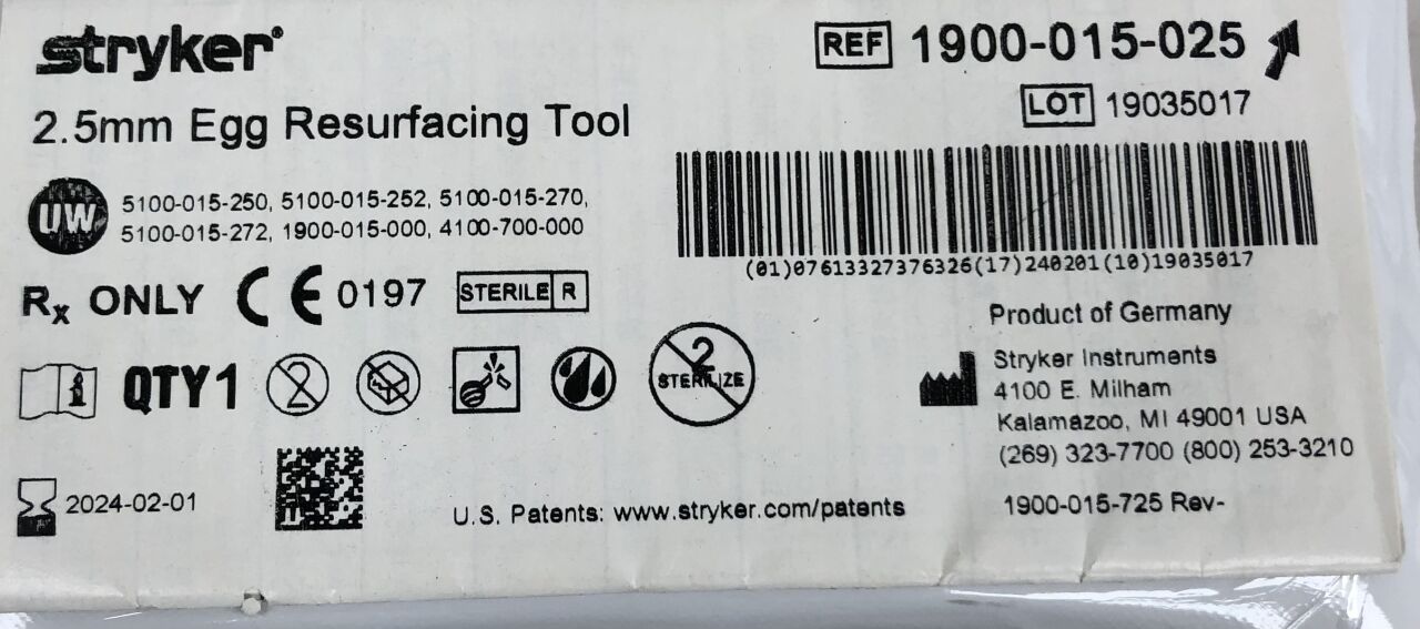 1900-015-025 - STRYKER - Egg Resurfacing Tool, 2.5mm, () - ( Expiry Date: 2024-02-01 )